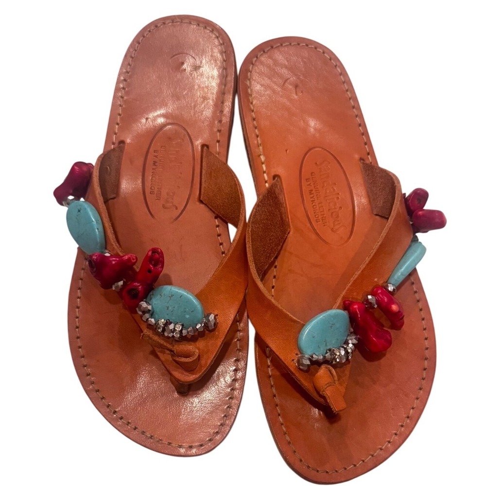 Sandalicious Mykonos‎ Greek Leather Sandals Faux Turquoise Coral Boho Sz 7 EUC